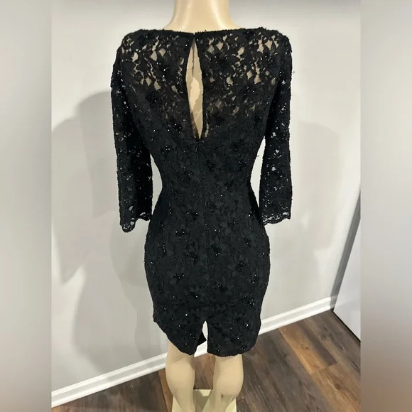 CARMEN Carmen Marc Valvo Dress Size 4 Women Black Lace Sequin Black Small Beaded - Picture 5 of 7